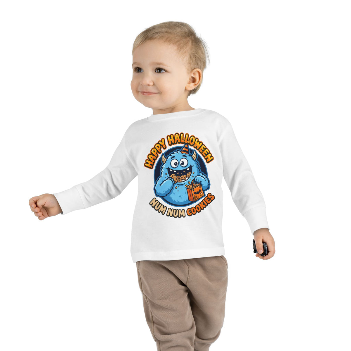Toddler Long Sleeve Tee - "Happy Halloween Num Num Cookies" Cute Blue Monster Halloween Shirt