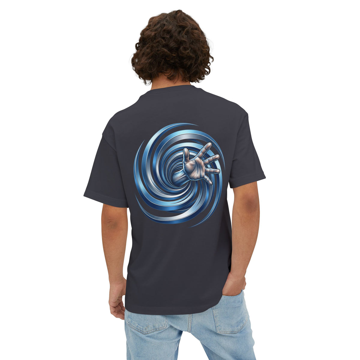Spiral Vortex Graphic Tee — Blue Swirl Oversized Boxy T-Shirt