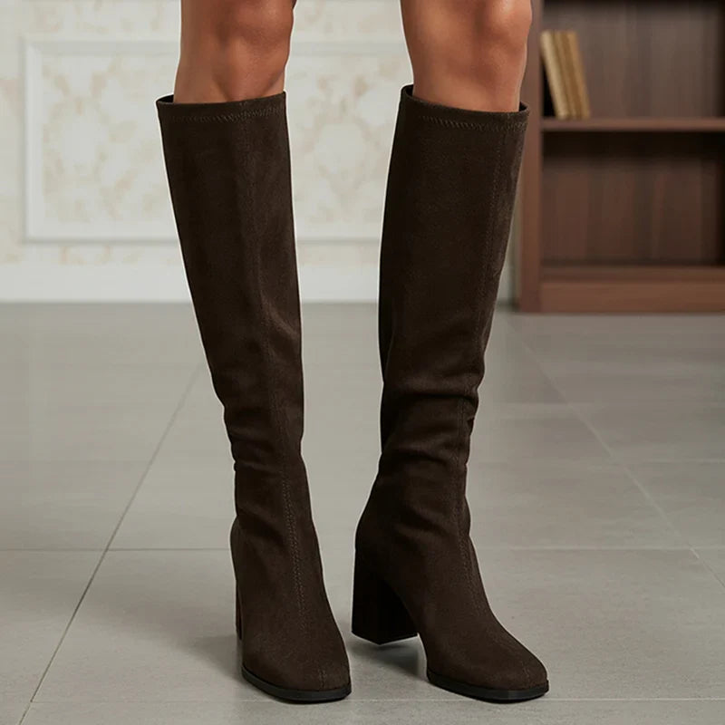 Women's Black Flock Knee High Boots with Thick Heels