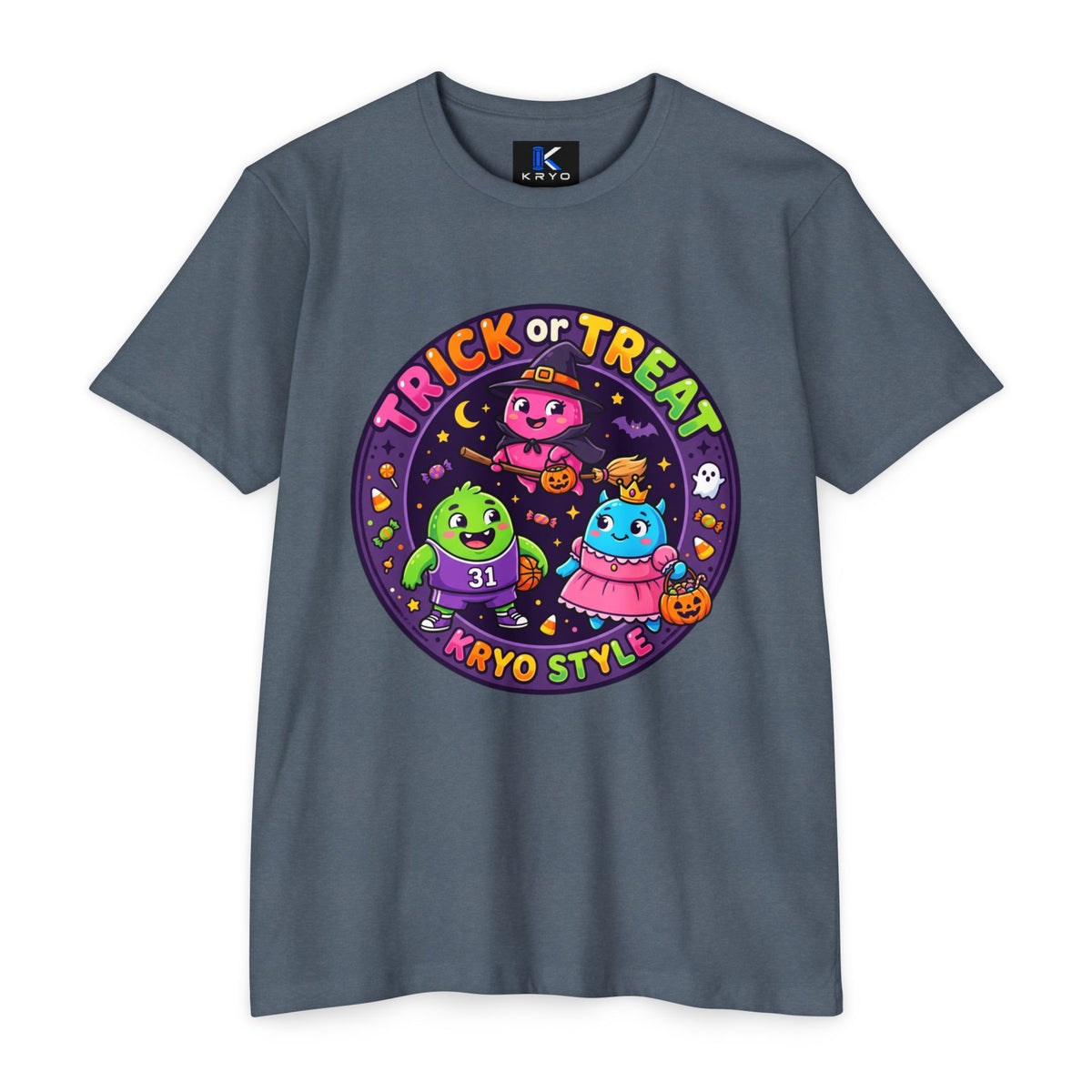 Trick or Treat Cute KRYO Monsters T-Shirt — "Happy Halloween" Back Print