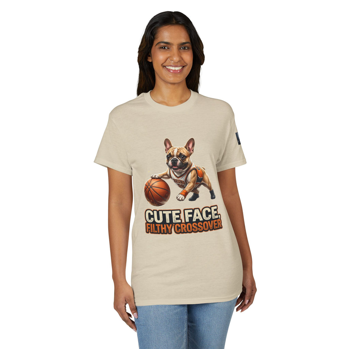 Dog Kryo Basketball T-Shirt — "Cute Face, Filthy Crossover" Funny French Bulldog Tee