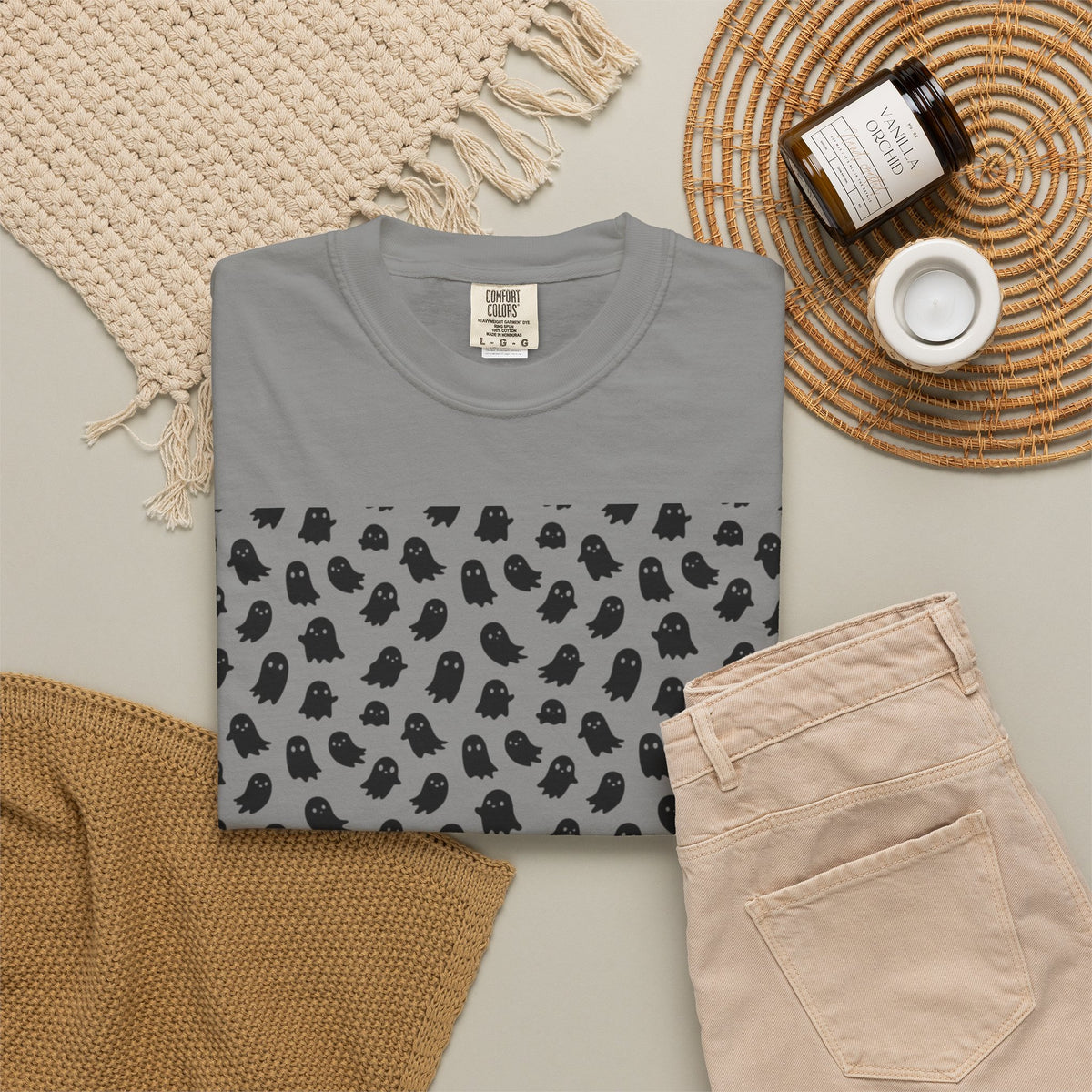 Kryo Minimalist Black Ghost Pattern T-Shirt — Cute Repeating Kitty Graphic Tee
