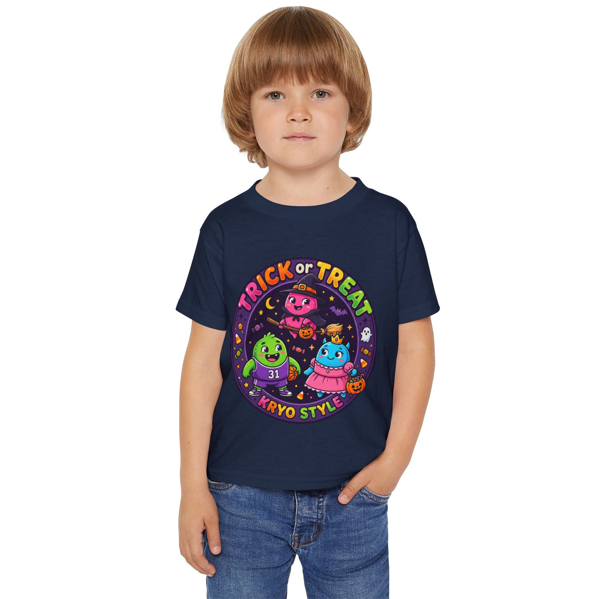 Toddler T‑Shirt — KRYO Cute Cartoon 'Trick or Treat' Halloween Tee (Happy Halloween on Back)