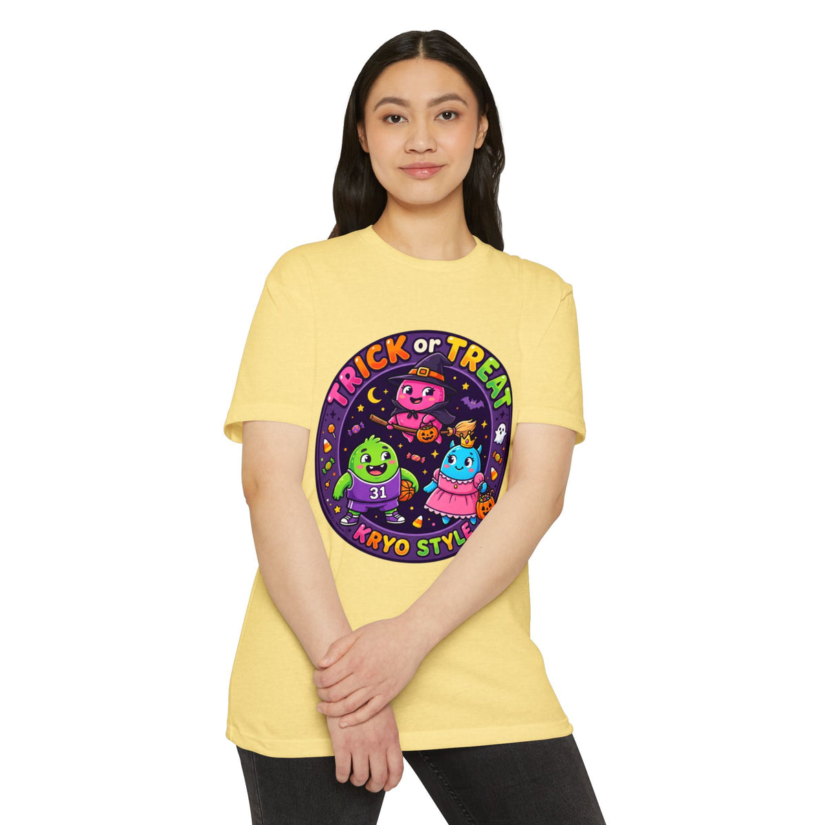 Trick or Treat Cute KRYO Monsters T-Shirt — "Happy Halloween" Back Print