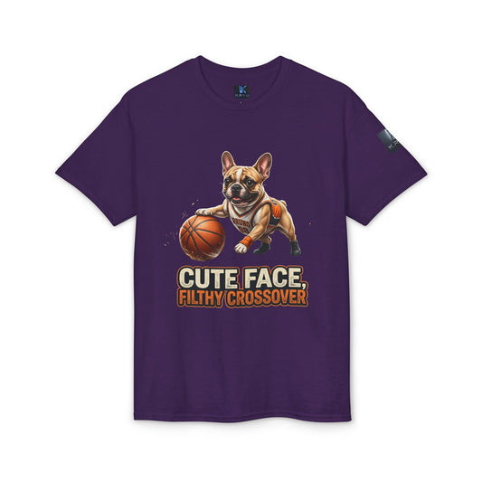 Dog Kryo Basketball T-Shirt — "Cute Face, Filthy Crossover" Funny French Bulldog Tee
