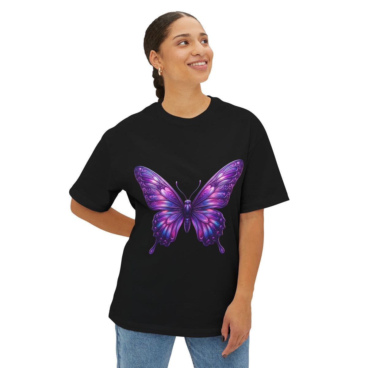 Purple Watercolor Butterfly Tee — Women's Casual Oversized Graphic Shirt