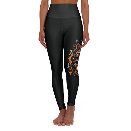 High-Waisted Kryo Yoga Leggings — Black with Orange Tribal Tiger Side Print