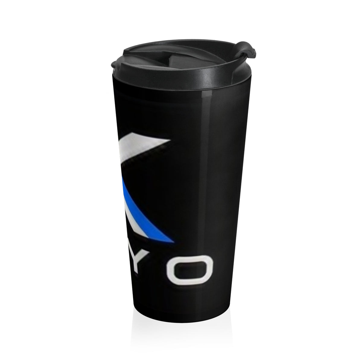 Travel Mug — Black Stainless Steel Tumbler with Blue Logo