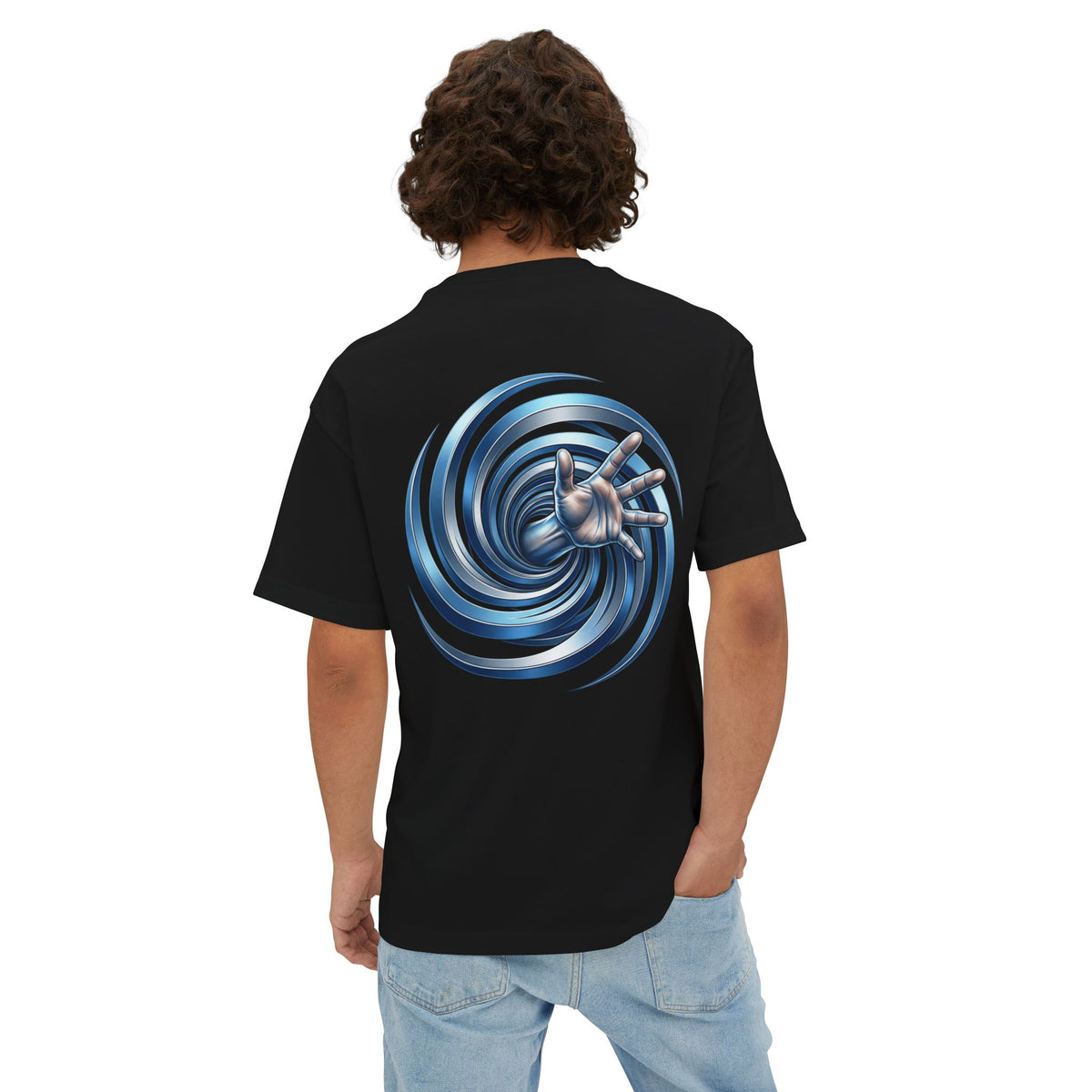 Spiral Vortex Graphic Tee — Blue Swirl Oversized Boxy T-Shirt