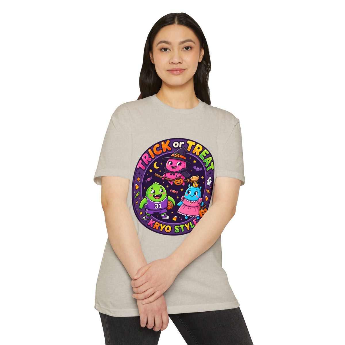 Trick or Treat Cute KRYO Monsters T-Shirt — "Happy Halloween" Back Print