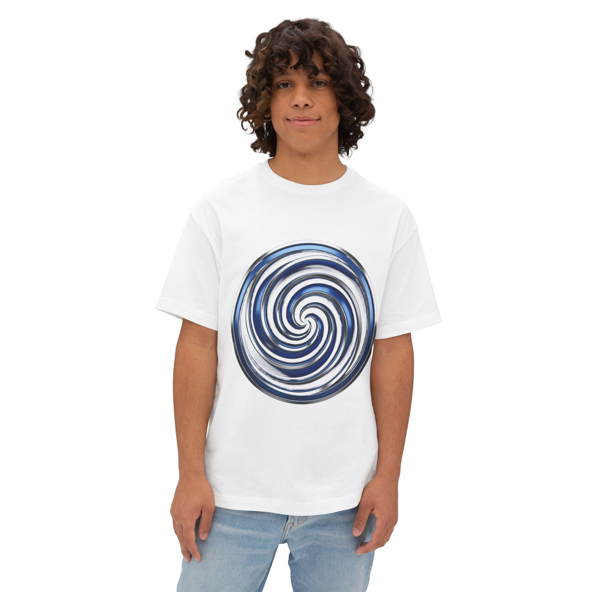 Spiral Vortex Graphic Tee — Blue Swirl Oversized Boxy T-Shirt