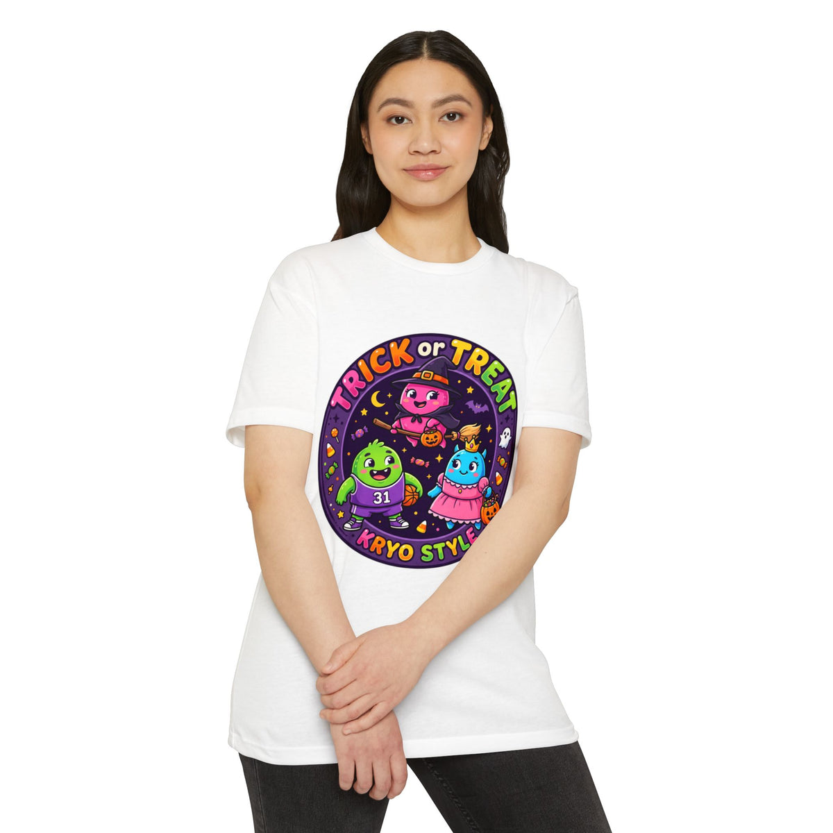 Trick or Treat Cute KRYO Monsters T-Shirt — "Happy Halloween" Back Print