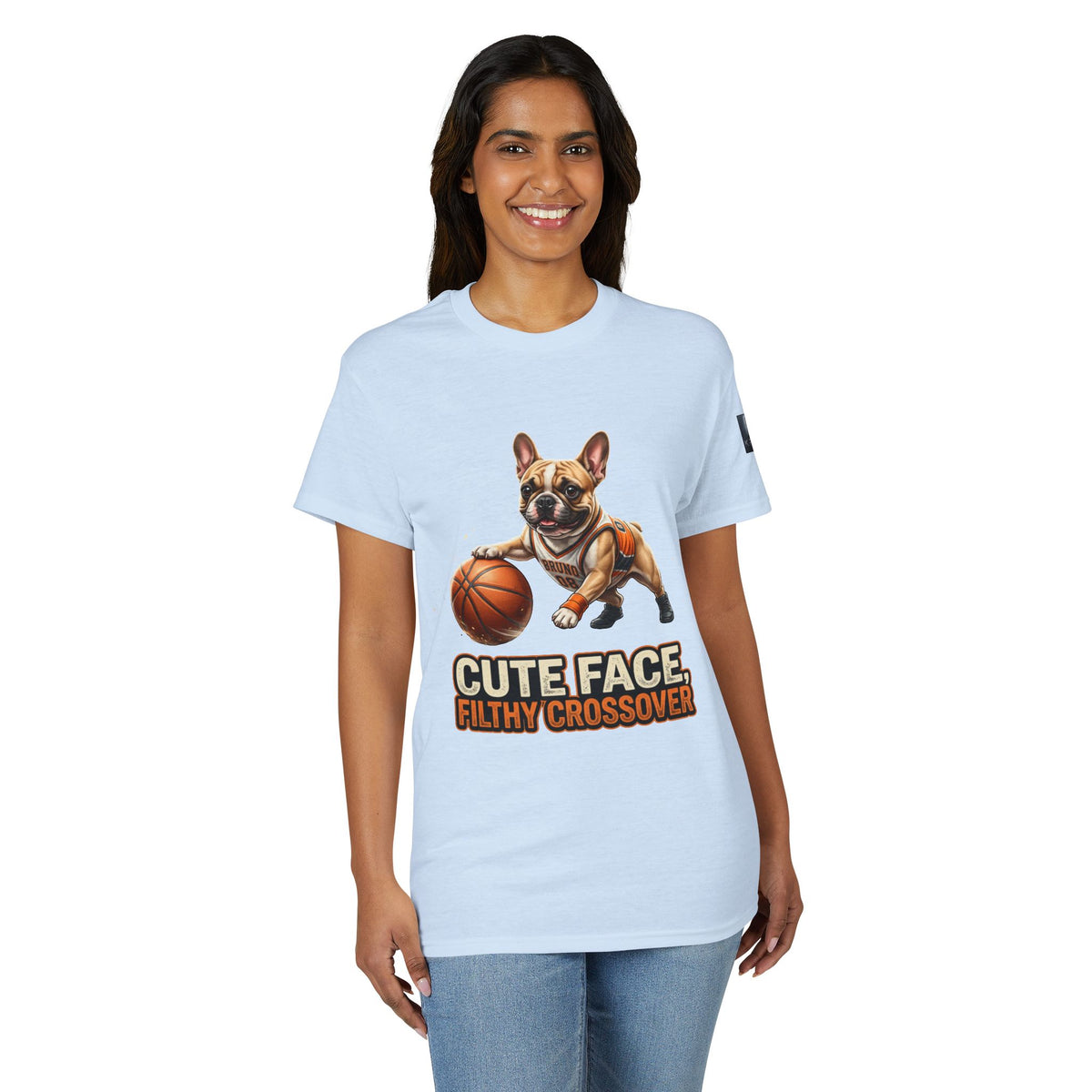 Dog Kryo Basketball T-Shirt — "Cute Face, Filthy Crossover" Funny French Bulldog Tee