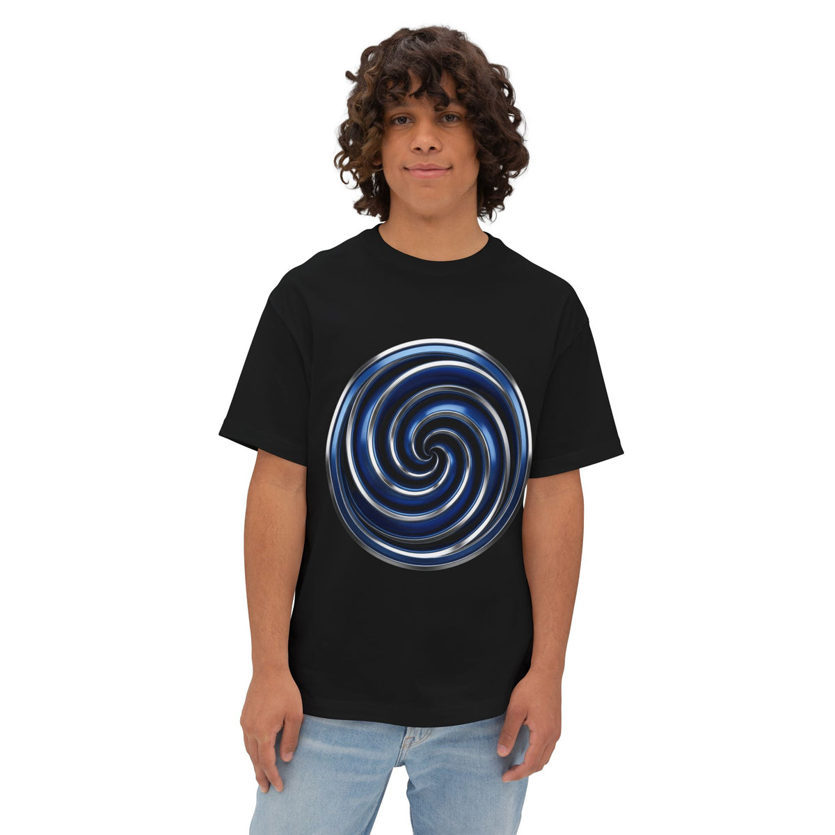 Spiral Vortex Graphic Tee — Blue Swirl Oversized Boxy T-Shirt
