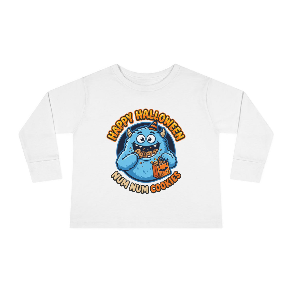 Toddler Long Sleeve Tee - "Happy Halloween Num Num Cookies" Cute Blue Monster Halloween Shirt
