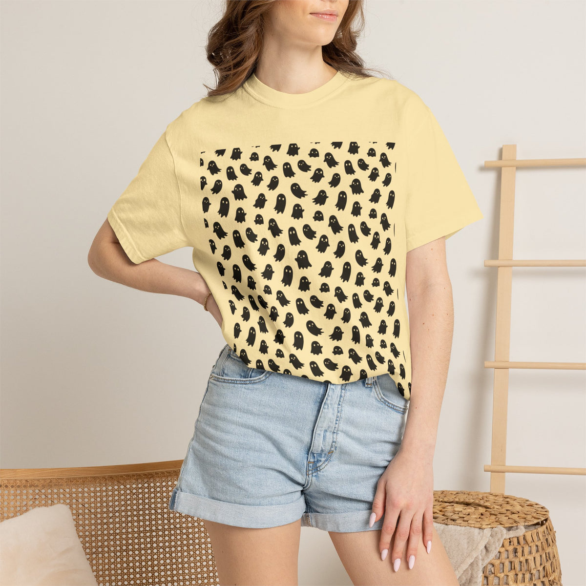 Kryo Minimalist Black Ghost Pattern T-Shirt — Cute Repeating Kitty Graphic Tee