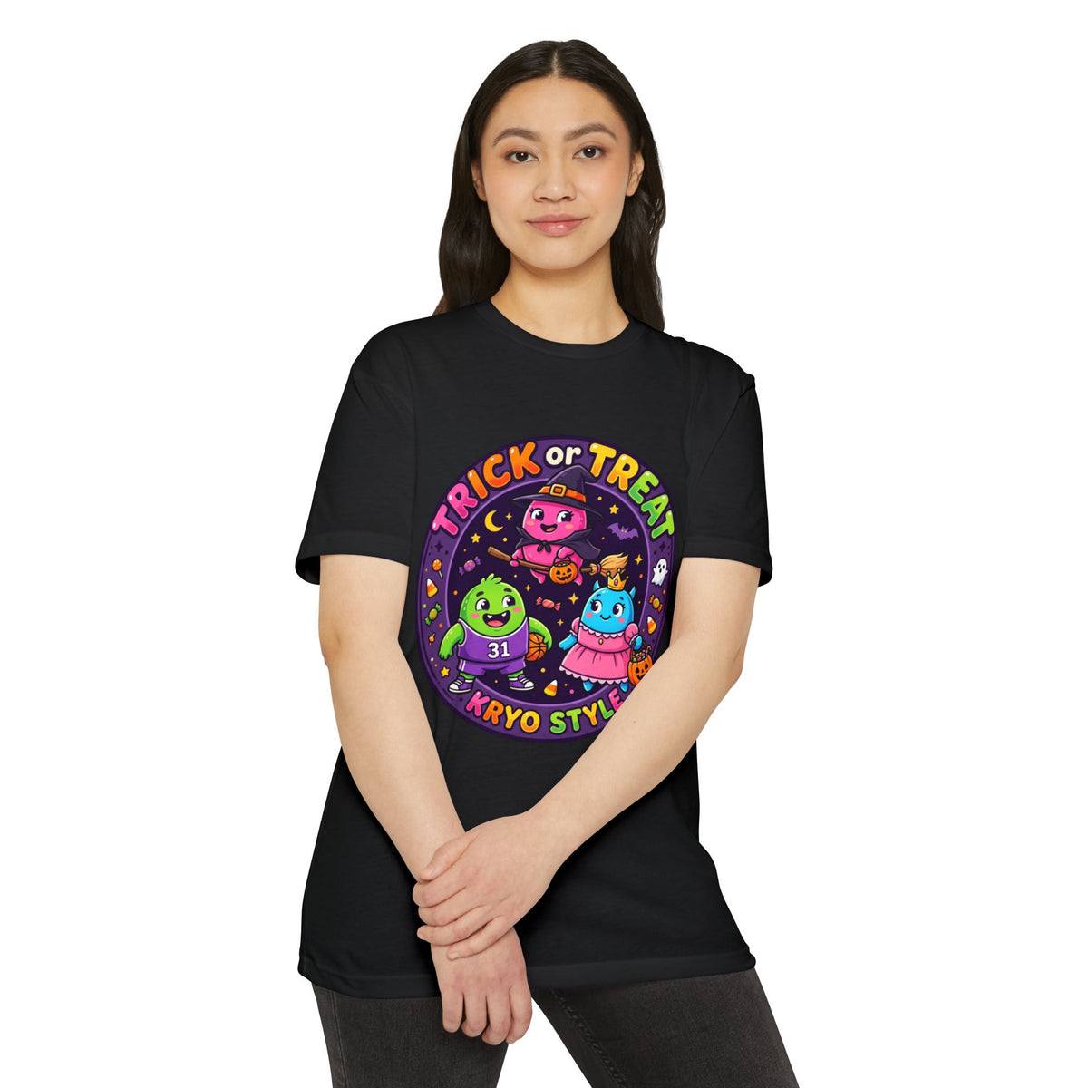 Trick or Treat Cute KRYO Monsters T-Shirt — "Happy Halloween" Back Print