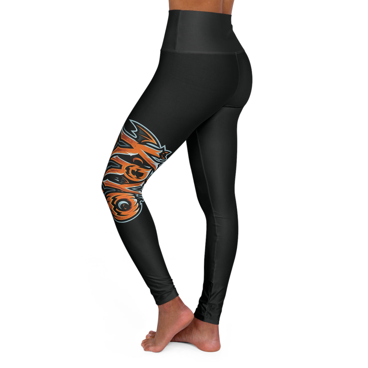 High-Waisted Kryo Yoga Leggings — Black with Orange Tribal Tiger Side Print