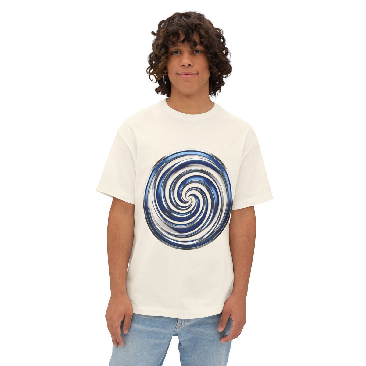 Spiral Vortex Graphic Tee — Blue Swirl Oversized Boxy T-Shirt