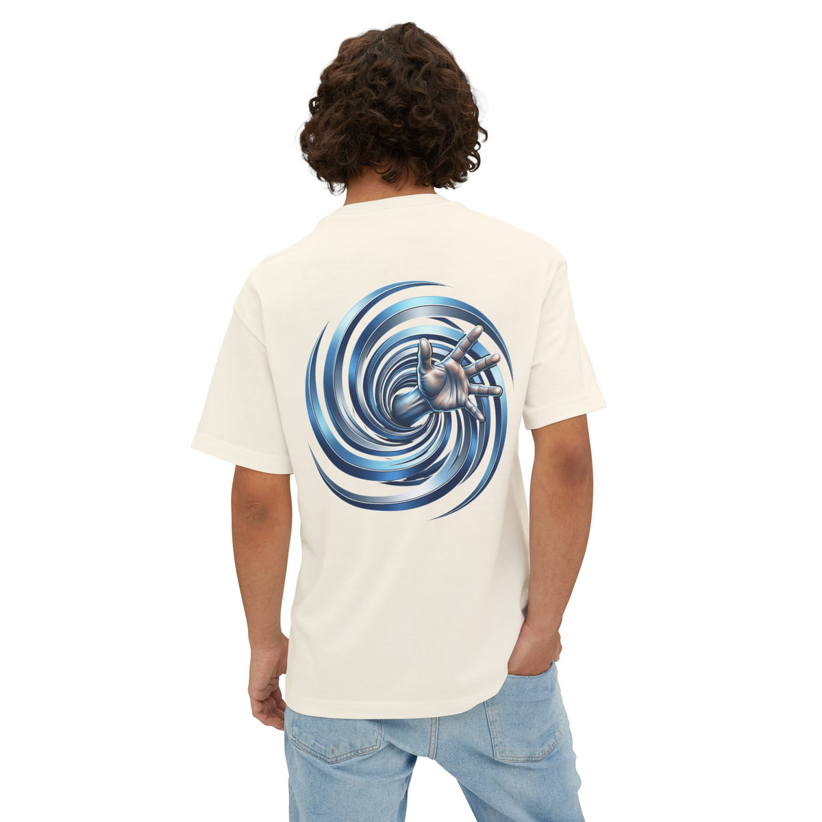 Spiral Vortex Graphic Tee — Blue Swirl Oversized Boxy T-Shirt