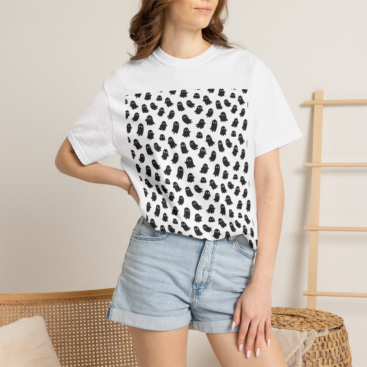 Kryo Minimalist Black Ghost Pattern T-Shirt — Cute Repeating Kitty Graphic Tee