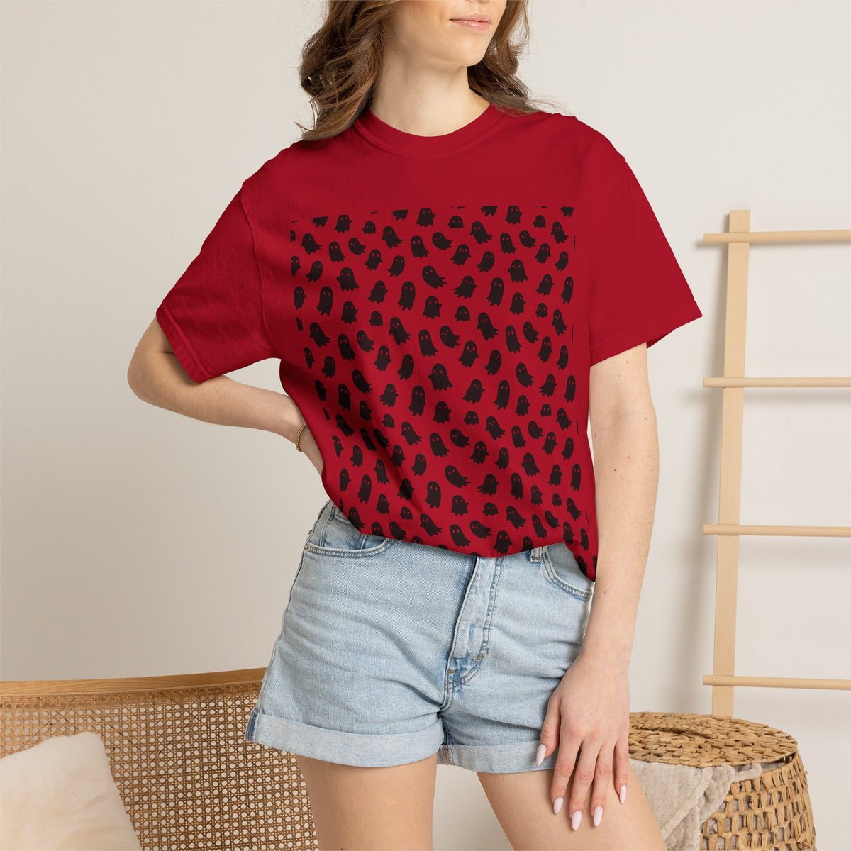 Kryo Minimalist Black Ghost Pattern T-Shirt — Cute Repeating Kitty Graphic Tee