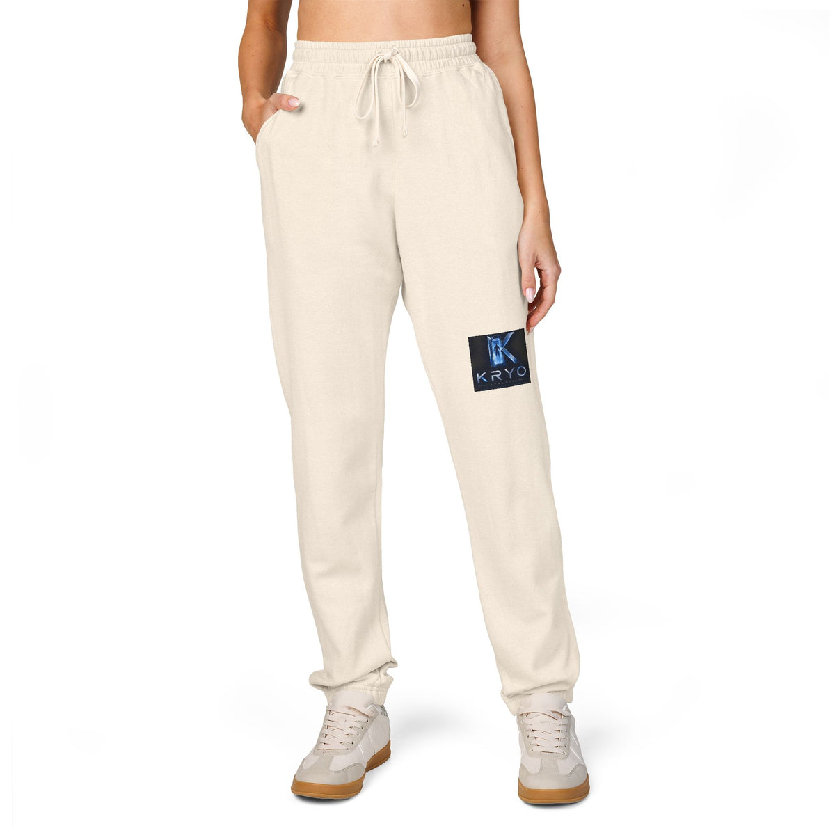 Kryo Graphic Patch Sweatpants — Relaxed Fleece Joggers with Blue Patch Art