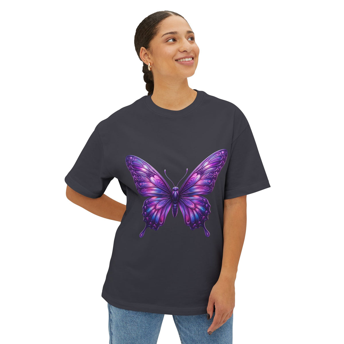 Purple Watercolor Butterfly Tee — Women's Casual Oversized Graphic Shirt