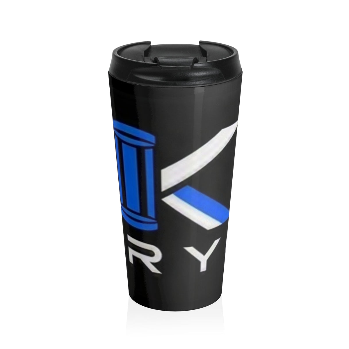 Travel Mug — Black Stainless Steel Tumbler with Blue Logo