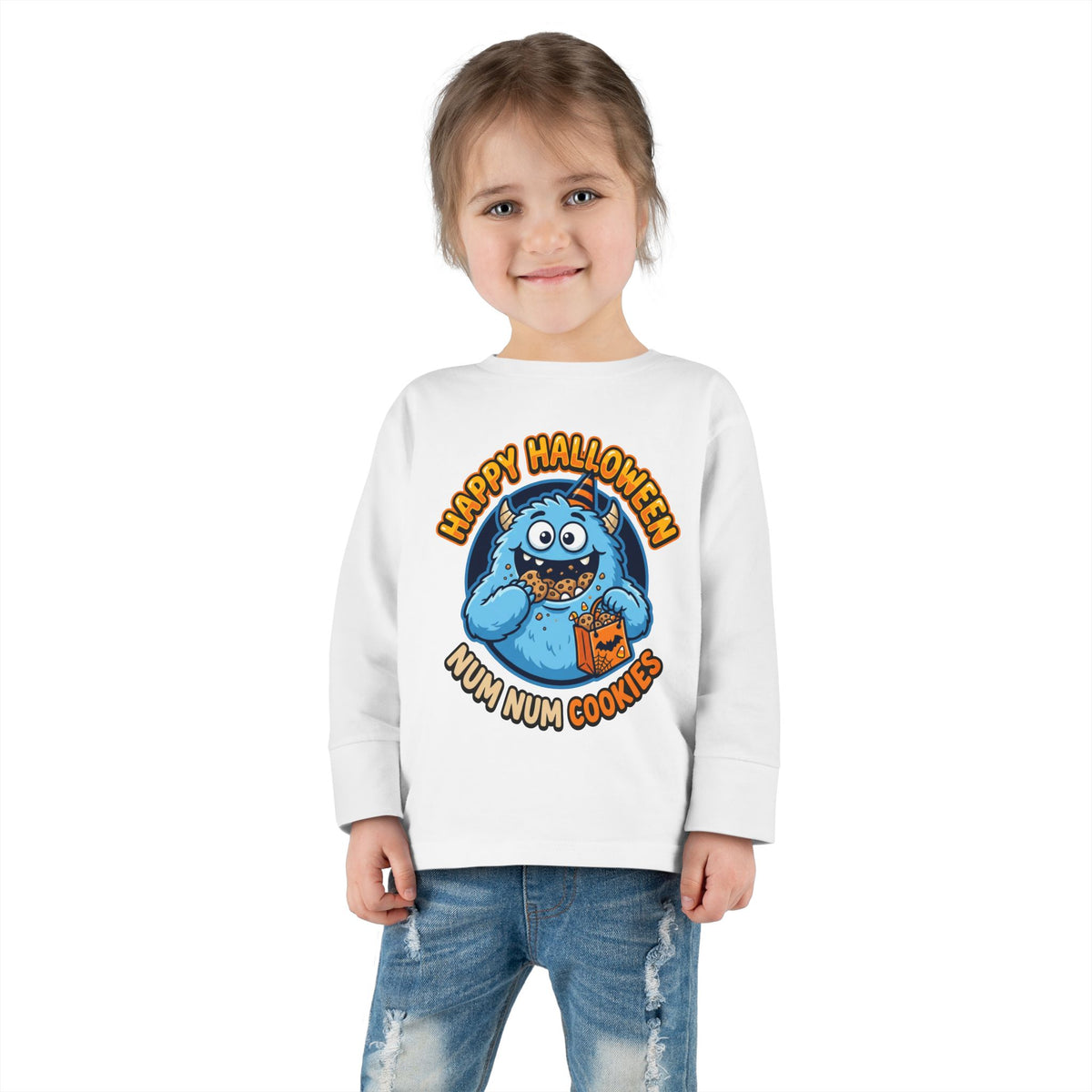 Toddler Long Sleeve Tee - "Happy Halloween Num Num Cookies" Cute Blue Monster Halloween Shirt