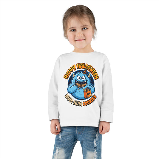 Toddler Long Sleeve Tee - "Happy Halloween Num Num Cookies" Cute Blue Monster Halloween Shirt
