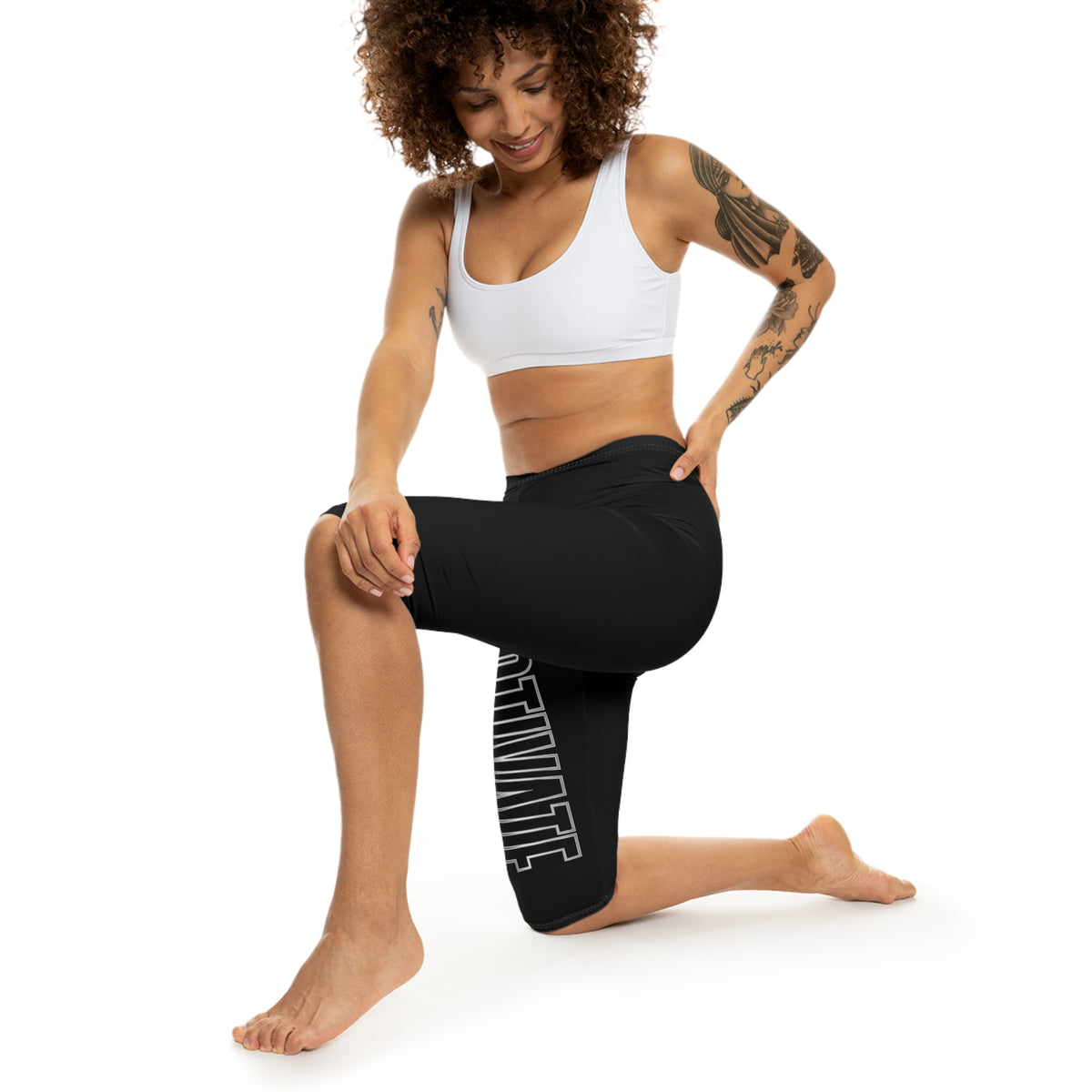 Kryo Workout Gear Motivate Capri Leggings – Women's Black Athletic Crop with Bold 'MOTIVATE' Side Print