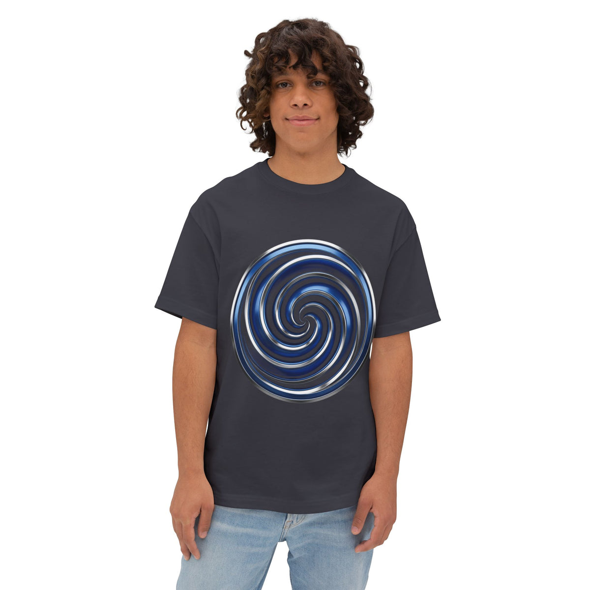 Spiral Vortex Graphic Tee — Blue Swirl Oversized Boxy T-Shirt
