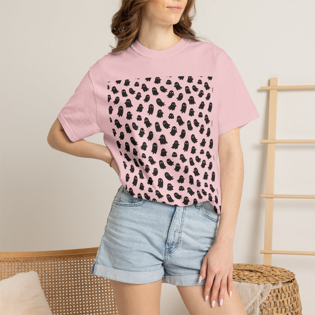 Kryo Minimalist Black Ghost Pattern T-Shirt — Cute Repeating Kitty Graphic Tee