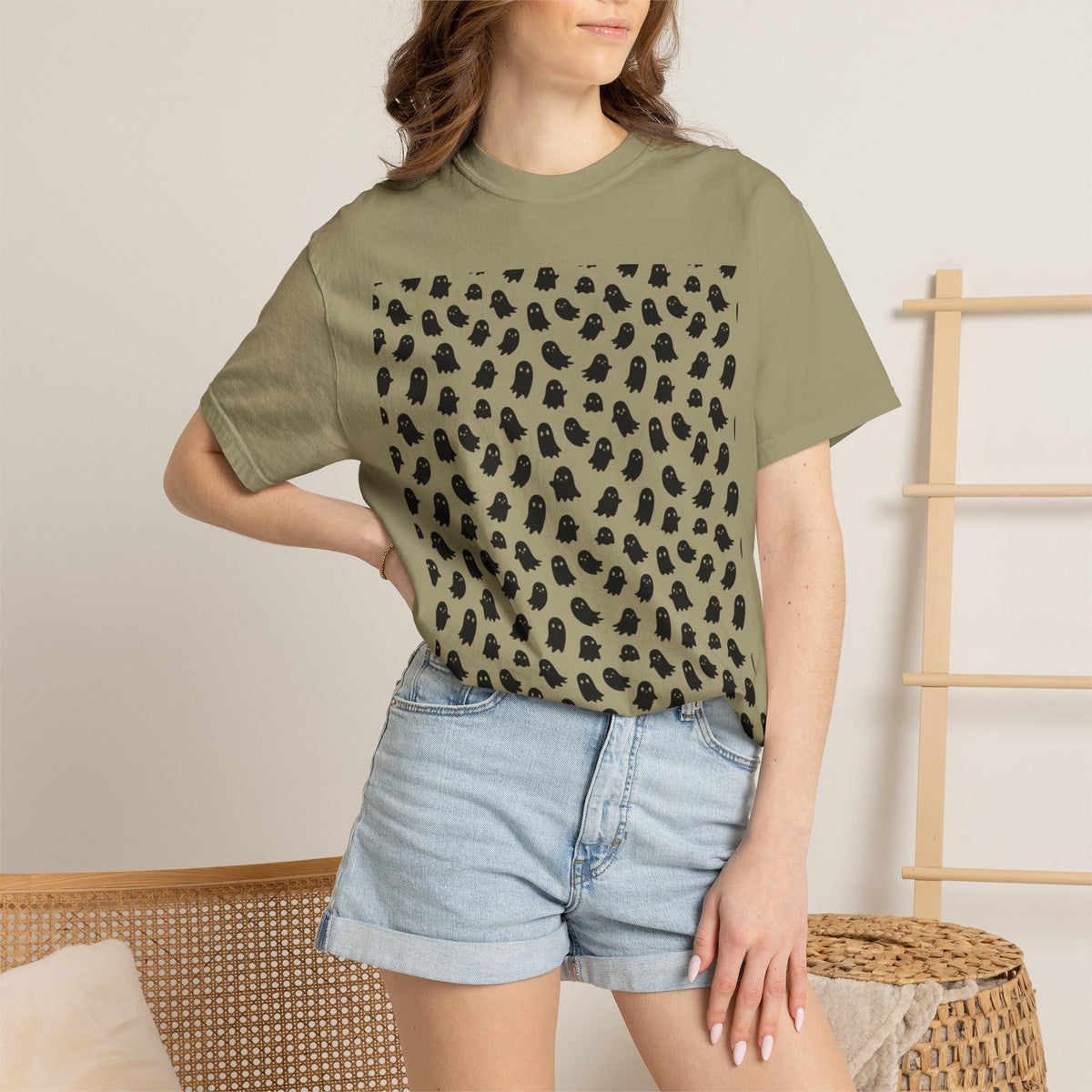 Kryo Minimalist Black Ghost Pattern T-Shirt — Cute Repeating Kitty Graphic Tee