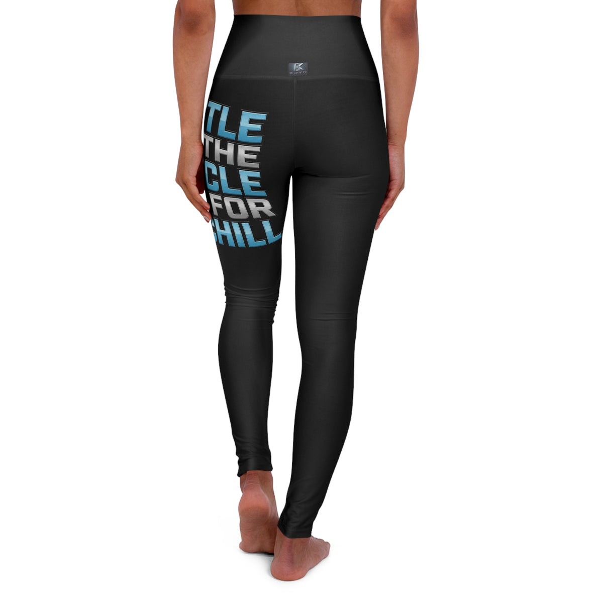 Kryo Workout Gear High-Waist Yoga Leggings — Bold Side-Text Fitness Tights ("Hustle for Muscle, Stay the Chill")