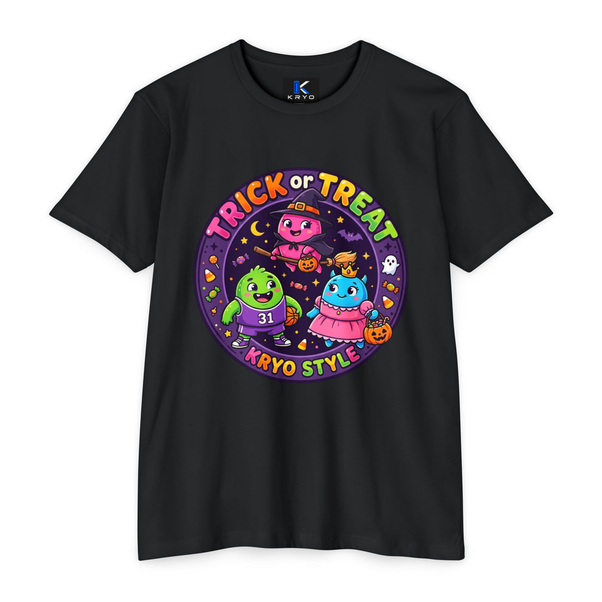 Trick or Treat Cute KRYO Monsters T-Shirt — "Happy Halloween" Back Print