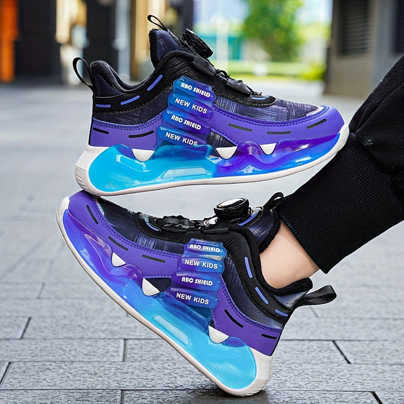 Boys' High-Top Basketball Sneakers for Kids — Rotating Buckle, Cushioned Shock-Absorbing, Non-Slip Outdoor Shoes