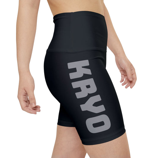 Kryo Women's Workout Shorts – Black High-Waist Bike Shorts with Vertical 'KRUDO' Side Print