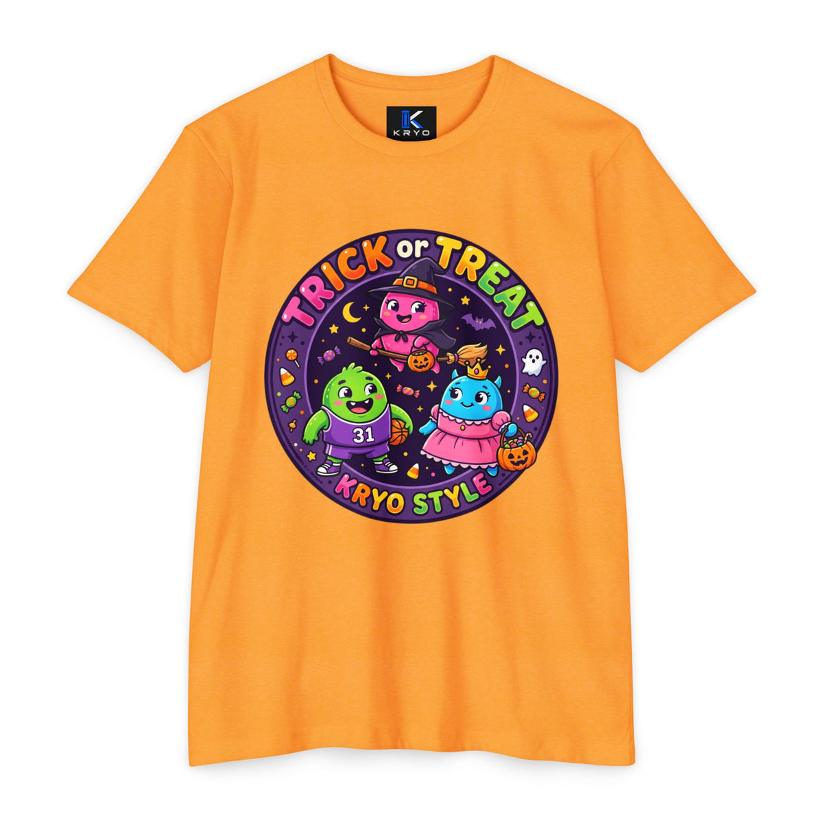 Trick or Treat Cute KRYO Monsters T-Shirt — "Happy Halloween" Back Print