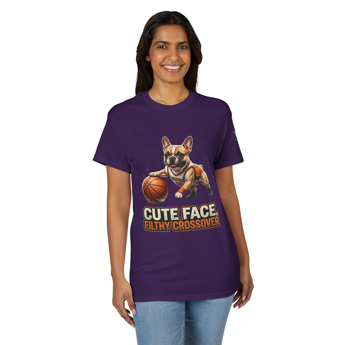 Dog Kryo Basketball T-Shirt — "Cute Face, Filthy Crossover" Funny French Bulldog Tee