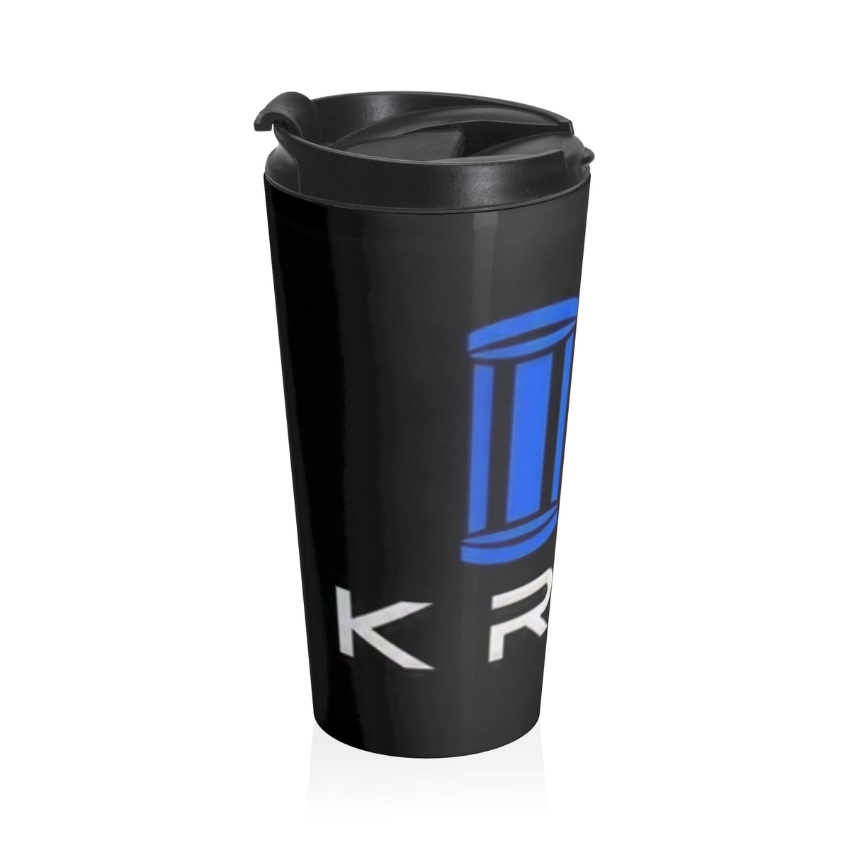 Travel Mug — Black Stainless Steel Tumbler with Blue Logo