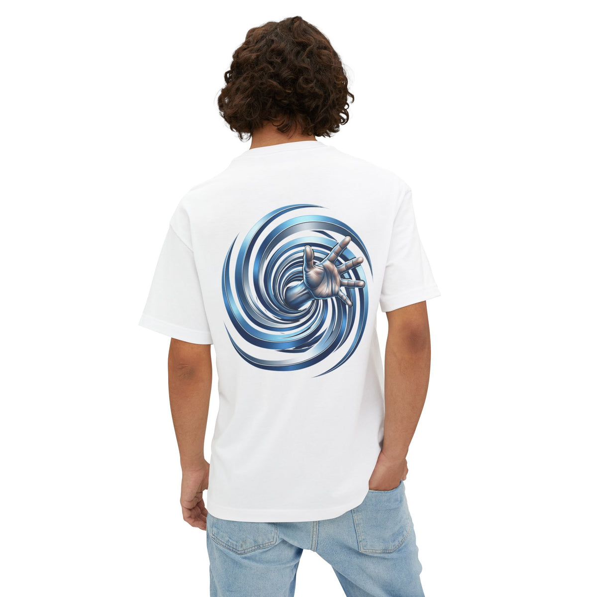 Spiral Vortex Graphic Tee — Blue Swirl Oversized Boxy T-Shirt