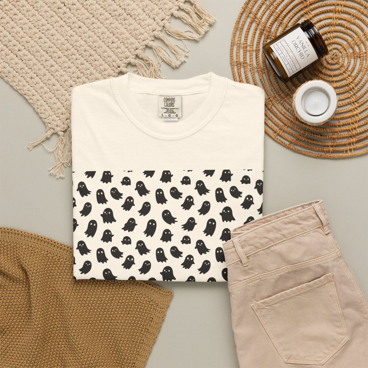 Kryo Minimalist Black Ghost Pattern T-Shirt — Cute Repeating Kitty Graphic Tee