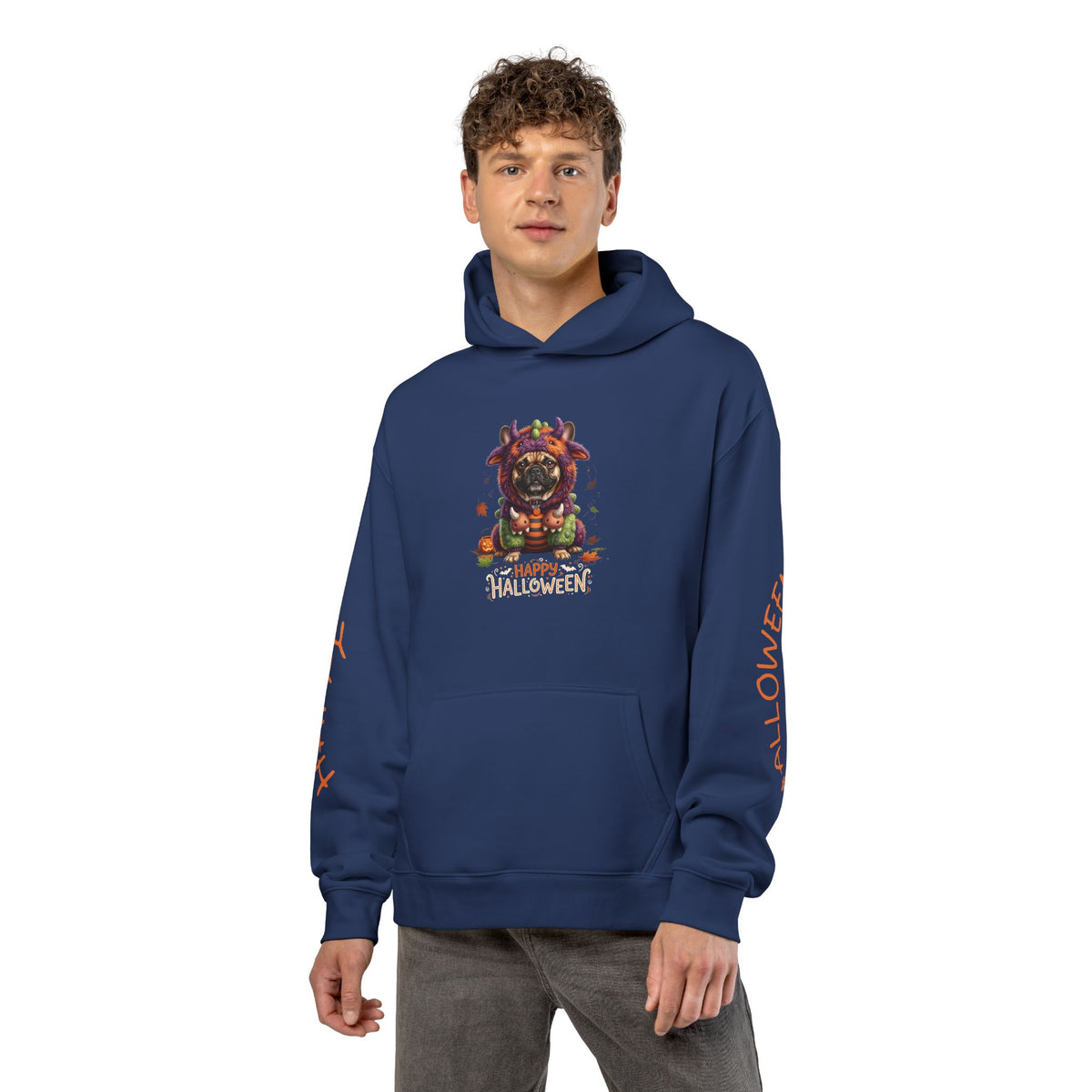 Halloween Monster Graphic Hoodie — "Happy Halloween" Sleeve Print