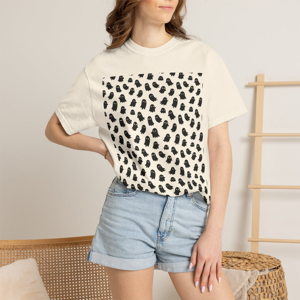 Kryo Minimalist Black Ghost Pattern T-Shirt — Cute Repeating Kitty Graphic Tee
