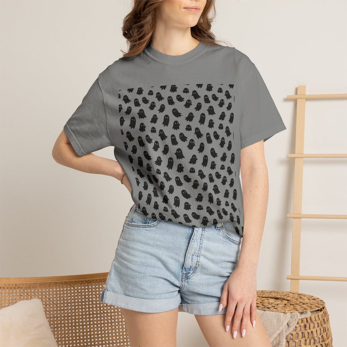 Kryo Minimalist Black Ghost Pattern T-Shirt — Cute Repeating Kitty Graphic Tee