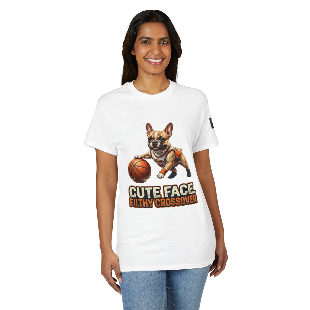 Dog Kryo Basketball T-Shirt — "Cute Face, Filthy Crossover" Funny French Bulldog Tee