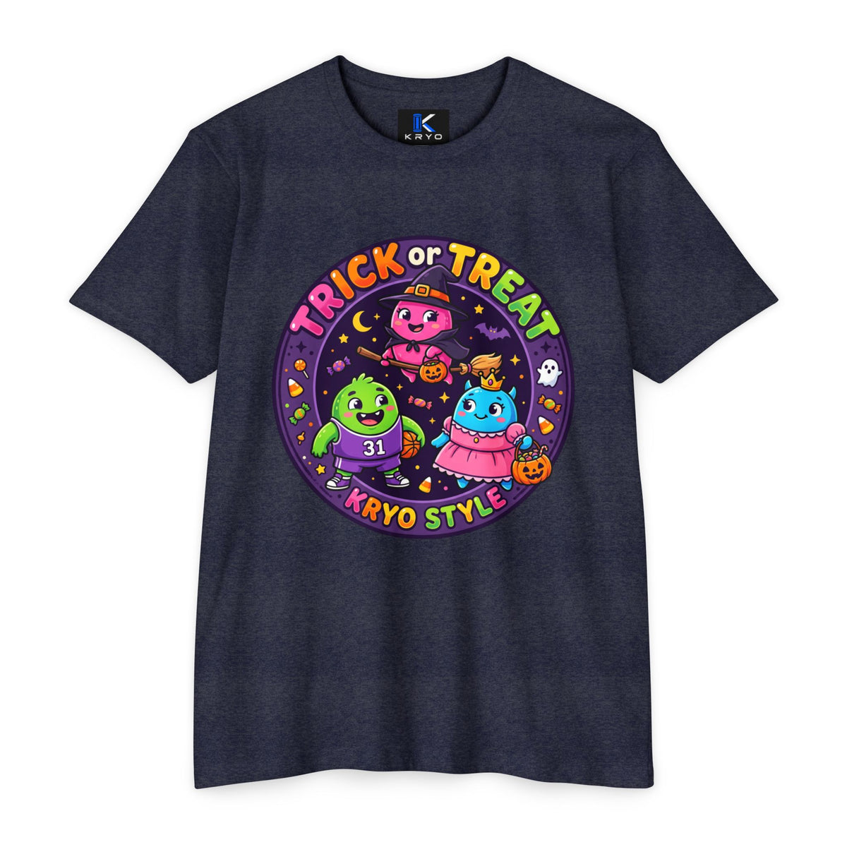 Trick or Treat Cute KRYO Monsters T-Shirt — "Happy Halloween" Back Print
