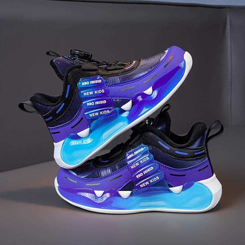 Boys' High-Top Basketball Sneakers for Kids — Rotating Buckle, Cushioned Shock-Absorbing, Non-Slip Outdoor Shoes